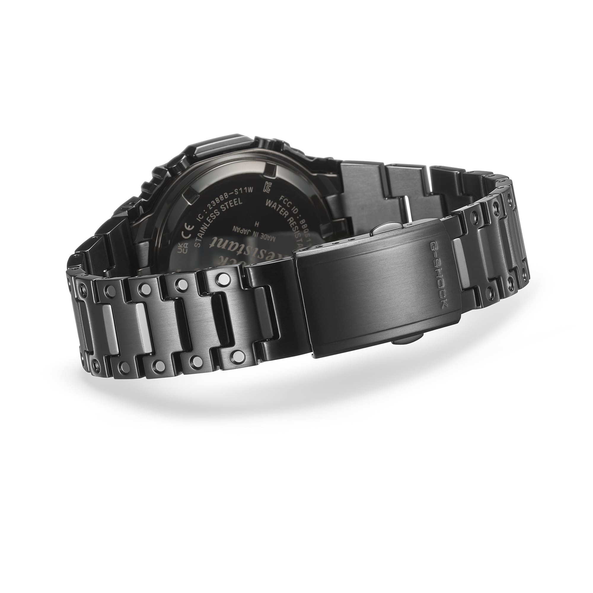 Black metal wristwatch with a chunky bracelet-style band.