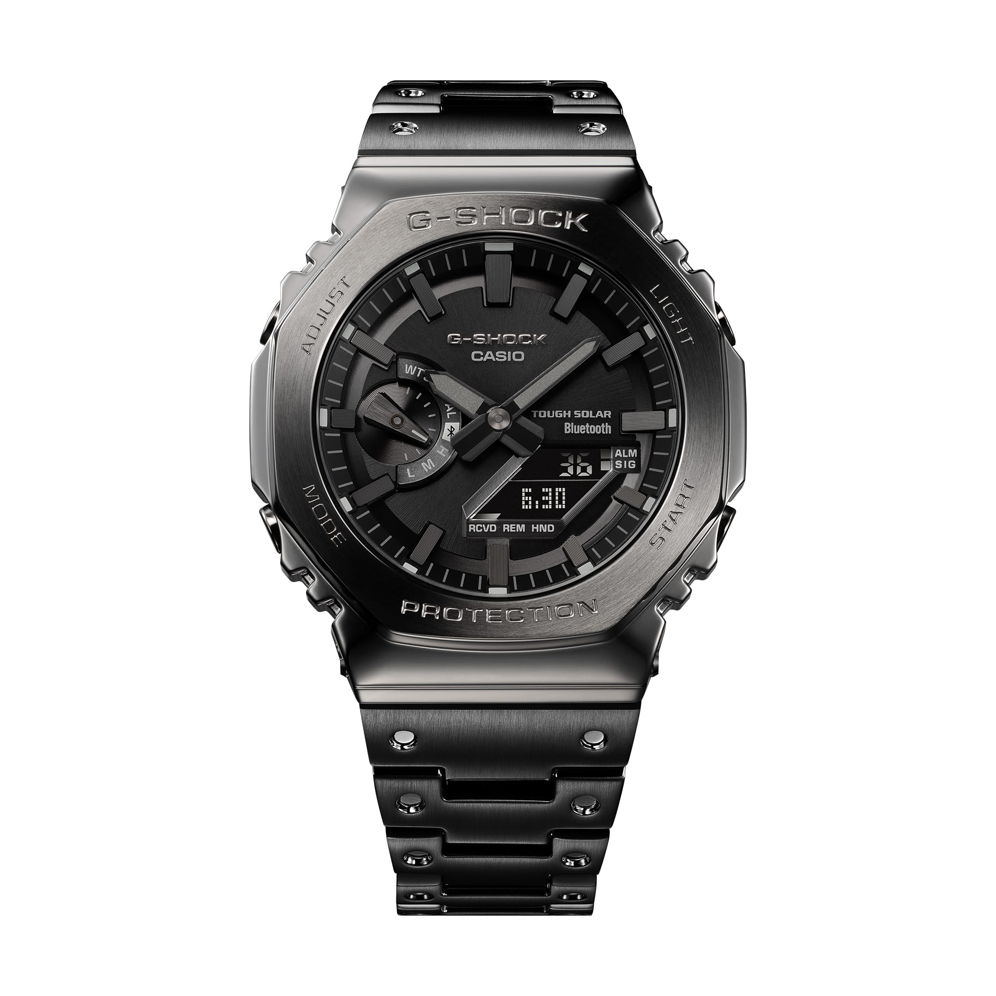 Rugged black G-Shock digital wristwatch with a metallic finish.