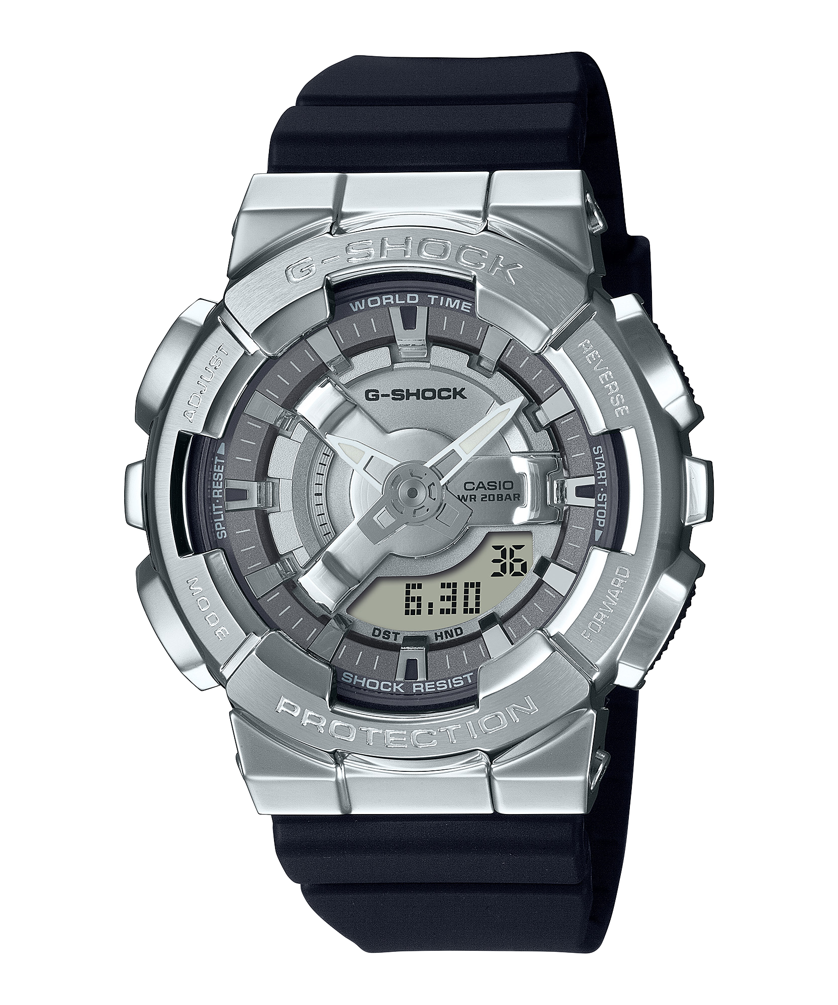 G-Shock wristwatch with a silver metallic case and black band.