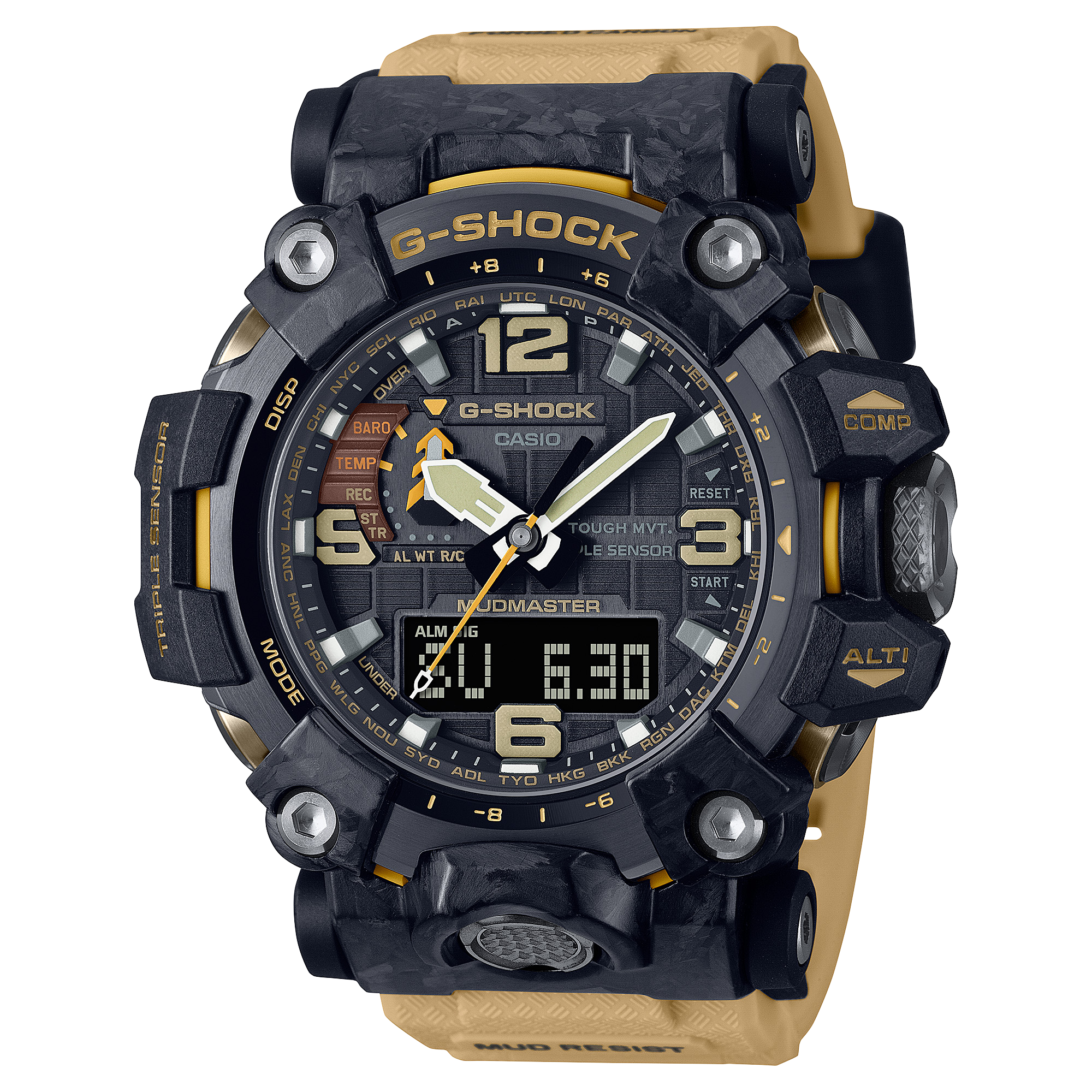 Rugged G-Shock wristwatch with a black and tan color scheme featuring both analog and digital displays.