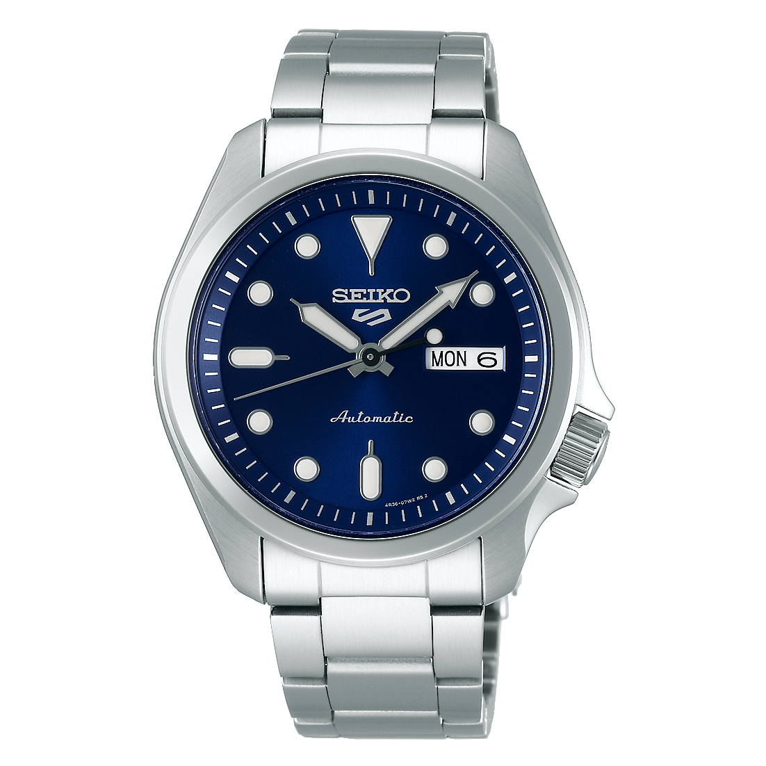Seiko 5 automatic wristwatch with a blue dial and stainless steel bracelet.