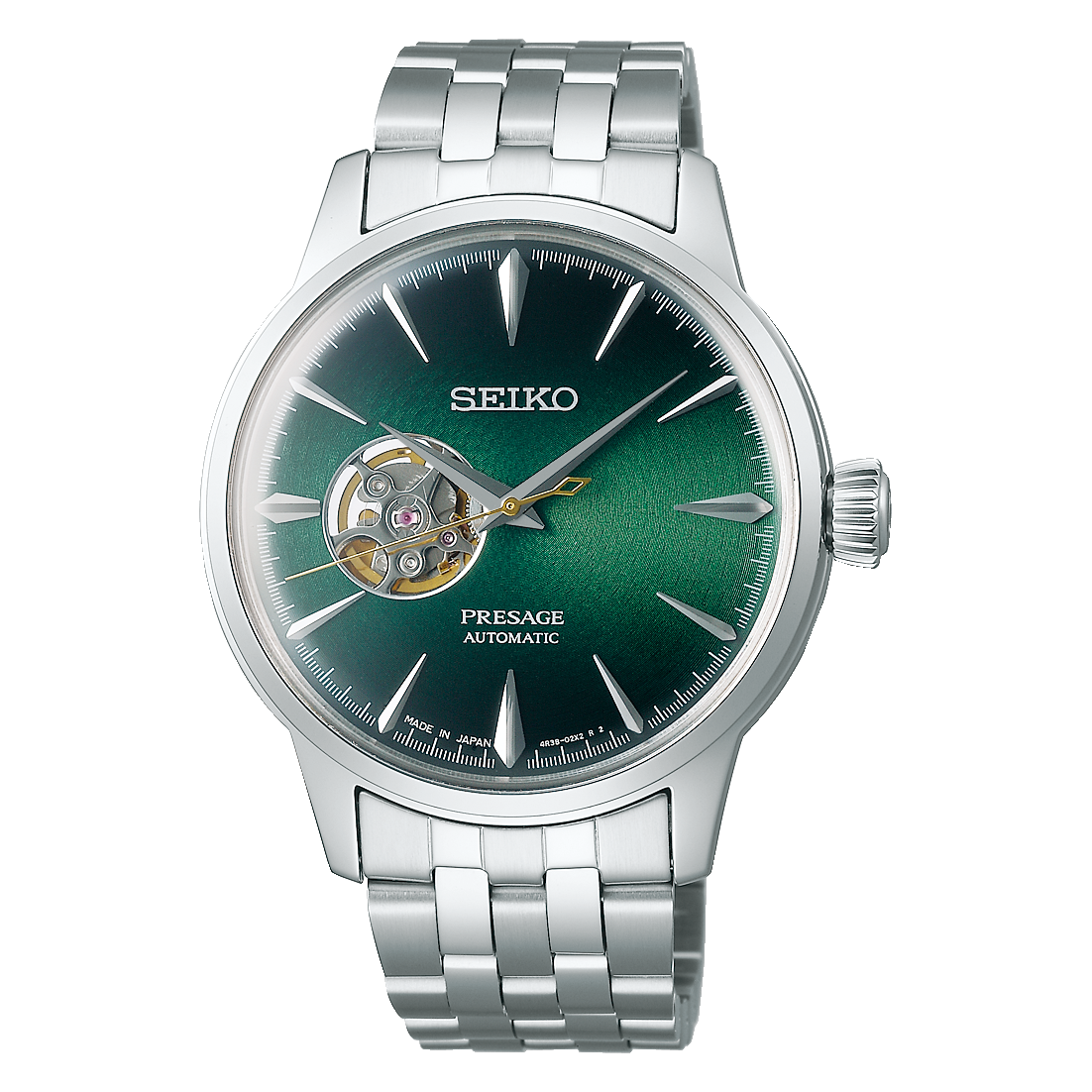 Seiko Presage automatic wristwatch with a green dial and silver metal bracelet.