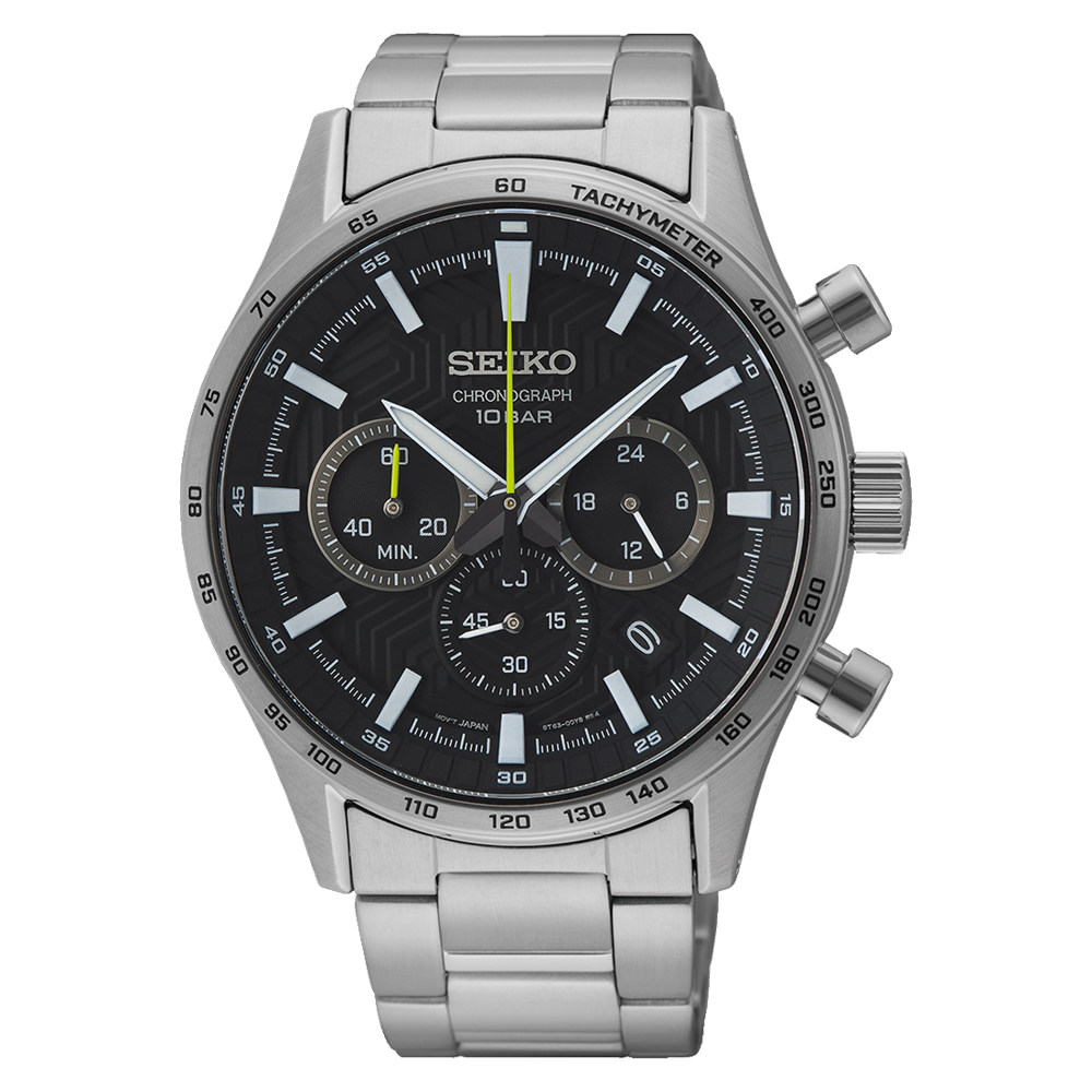 Seiko chronograph wristwatch with a black dial and stainless steel bracelet.
