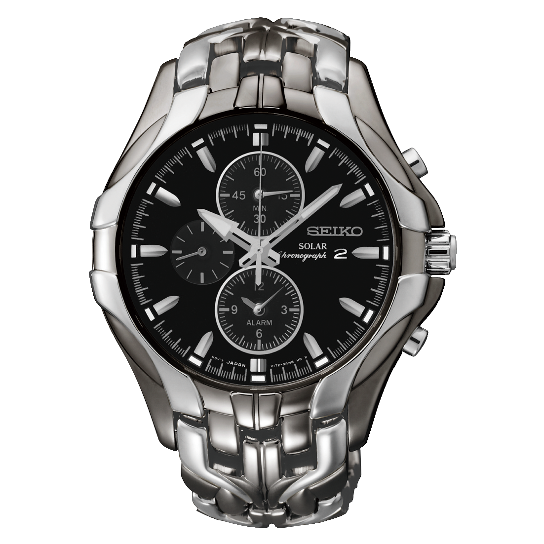 Stainless steel Seiko chronograph wristwatch with a black dial and linked metal bracelet.