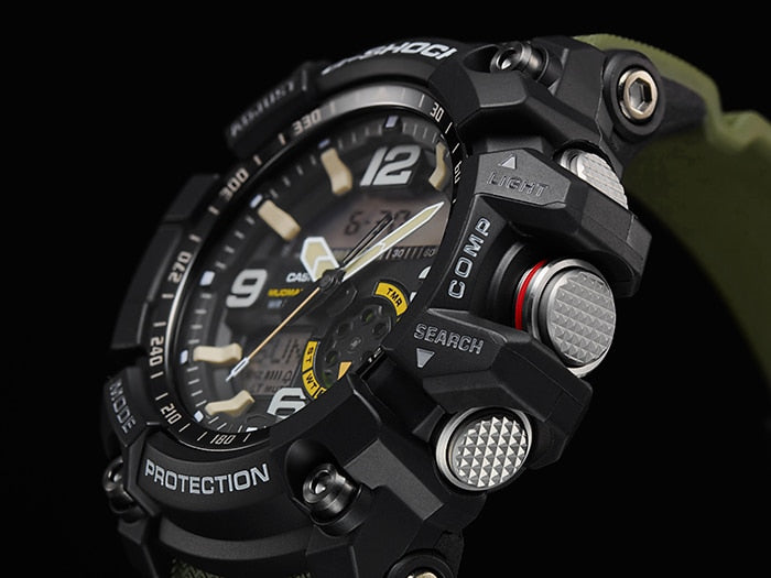 Rugged digital wristwatch with multiple buttons and a dark face.