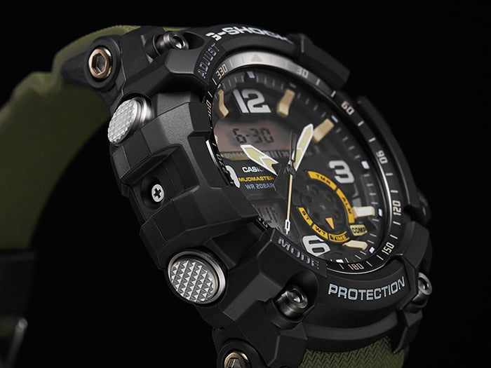 Rugged sports watch with a dark face and olive green strap.