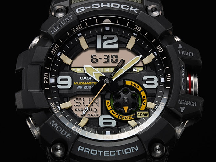 Rugged G-Shock wristwatch with a complex analog-digital display and multiple functions.