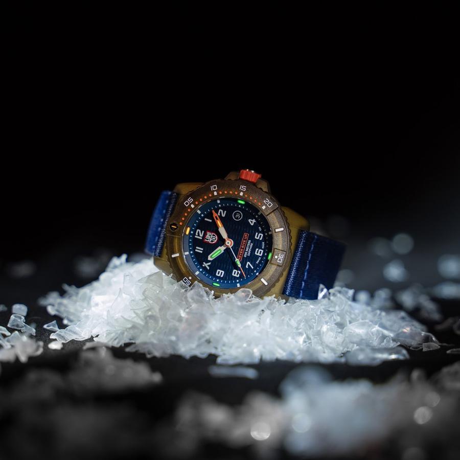 Luminox Bear Grylls Survival Eco Series 3703 resting on ice, showcasing its rugged design and eco-friendly materials.