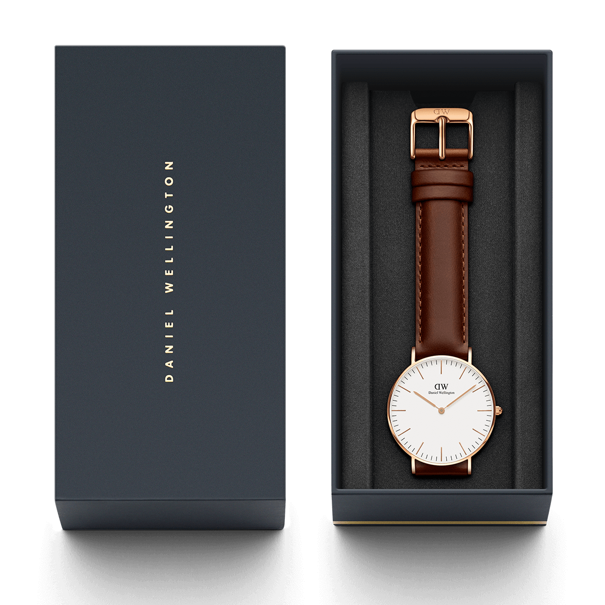 Elegant wristwatch with a brown leather strap and white face in a gift box.