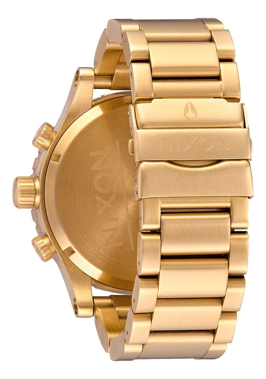 Gold-toned wristwatch with a metal link bracelet.