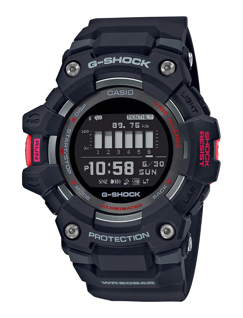 Rugged black G-Shock digital watch with red accents and a prominent display.