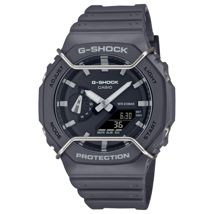 Gray G-Shock digital wristwatch with an octagonal face and protective bezel.