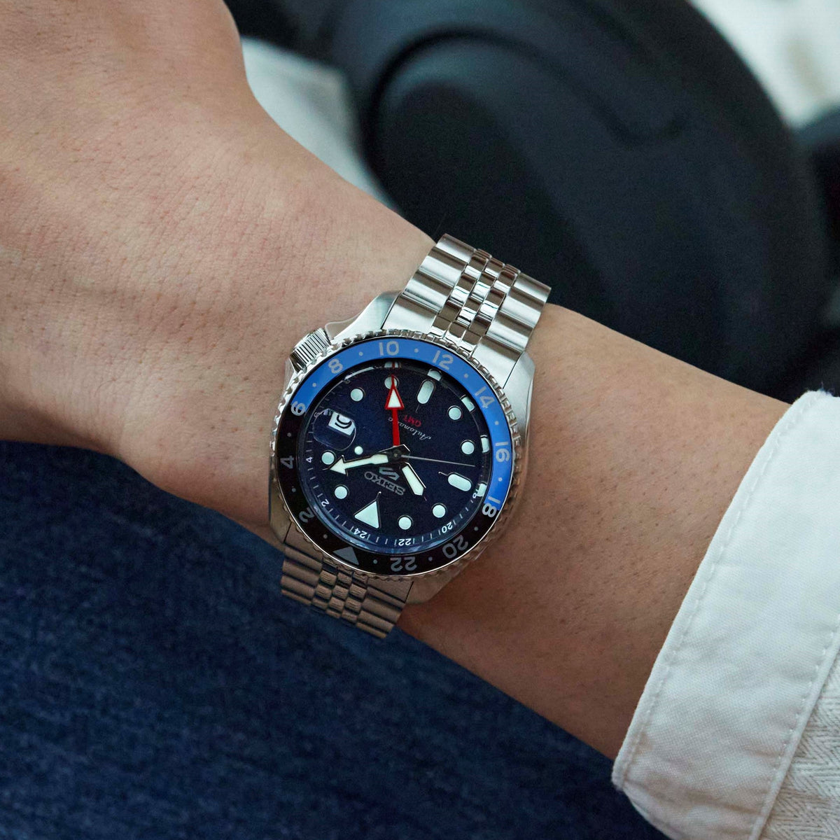 Seiko 5 Sports GMT SSK003 with a blue dial worn on the wrist