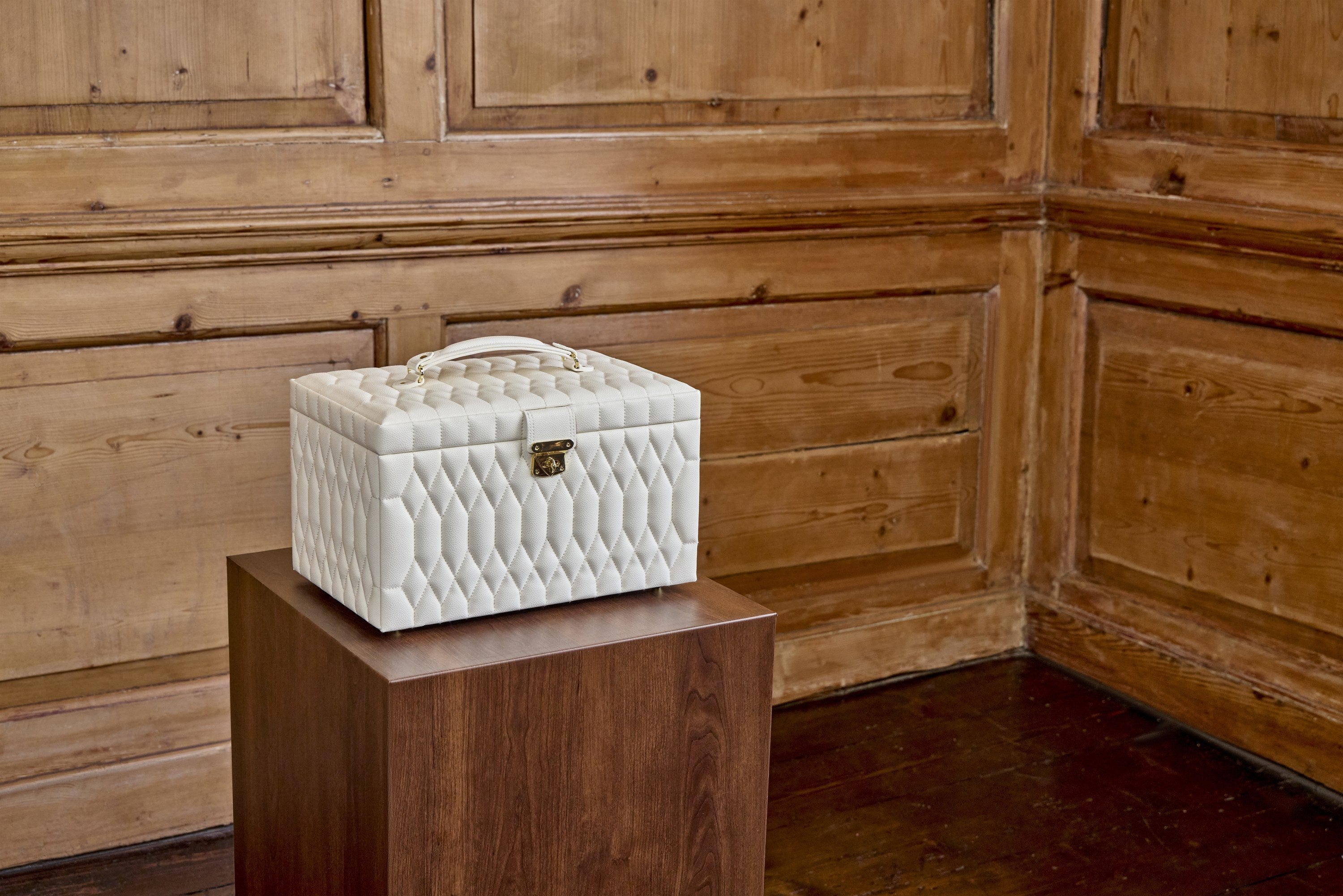 WOLF Lauren Large Jewellery Box in ivory, open on a dressing table with jewellery inside — Watch Direct Australia