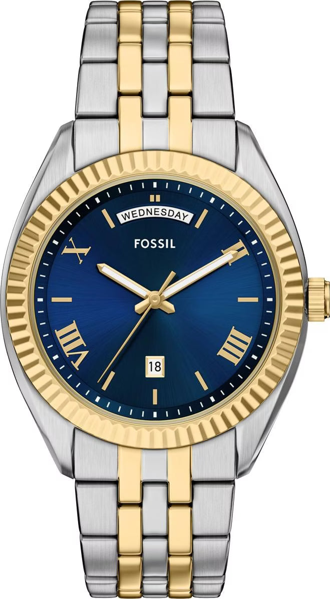 Fossil Three Hand Two Tone Stainless Steel Blue Dial Watch FS6141