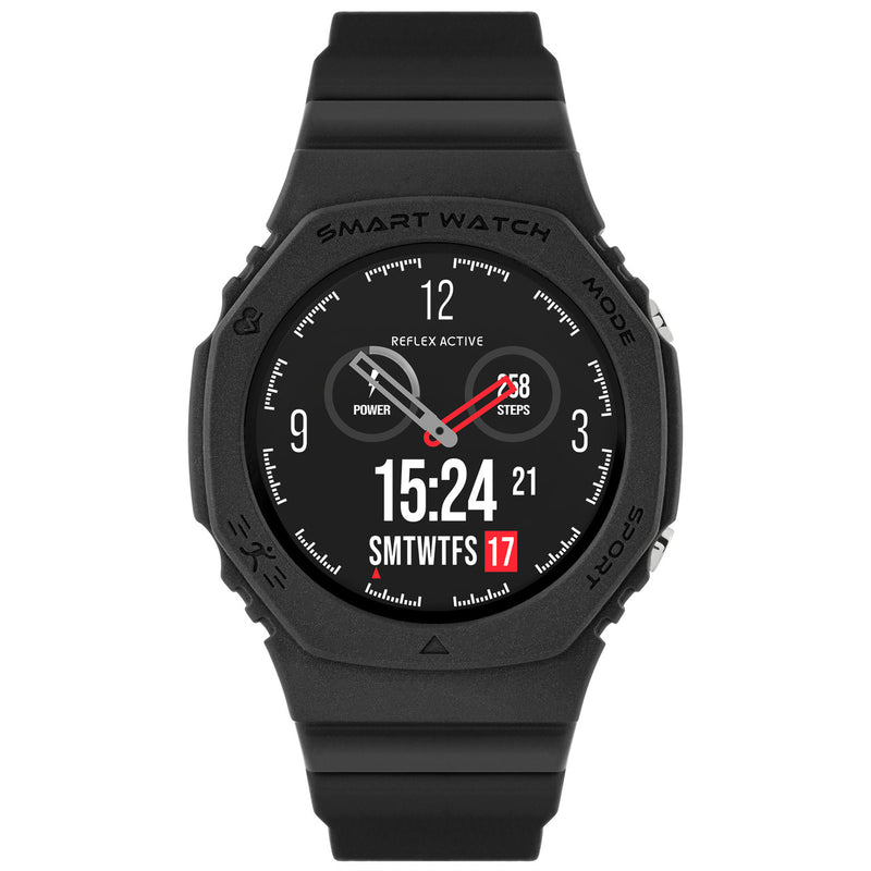 Black digital smartwatch with a round face displaying time and fitness data.