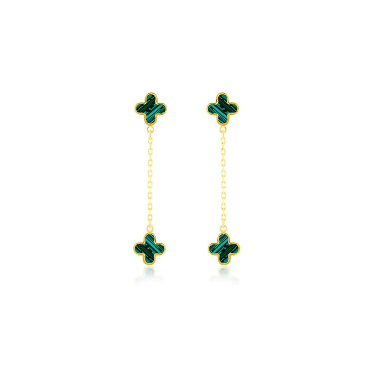 9K Yellow Gold Malachite Earrings Elegant Petal Drop Design