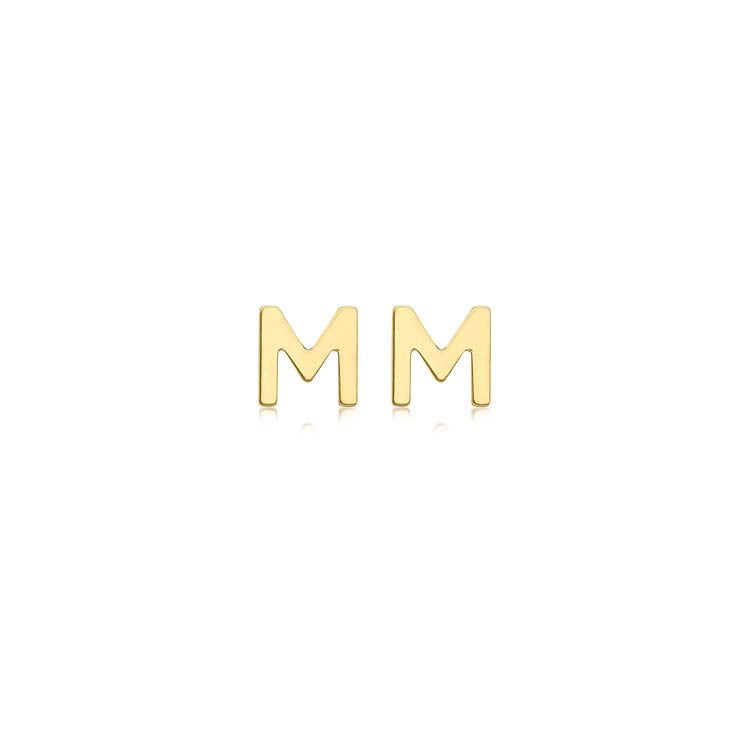 9K Yellow Gold Initial M Stud Earrings Stylish Elegant Gift Idea