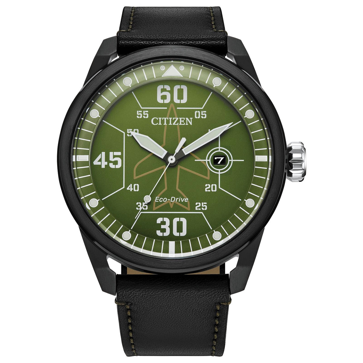 Citizen wristwatch with a green dial and black leather strap.