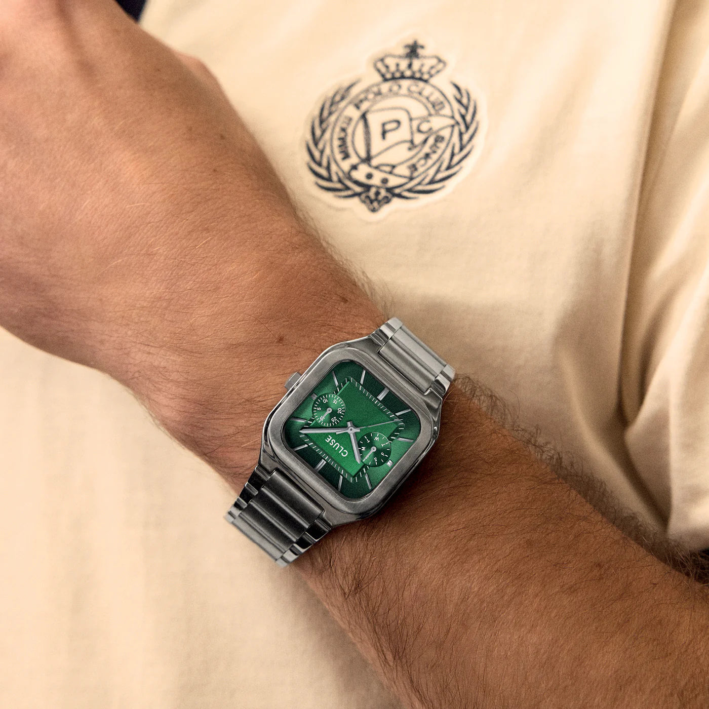CLUSE Quadrus Multifunction Stainless Steel Green Dial Silver Men's Watch CW26202