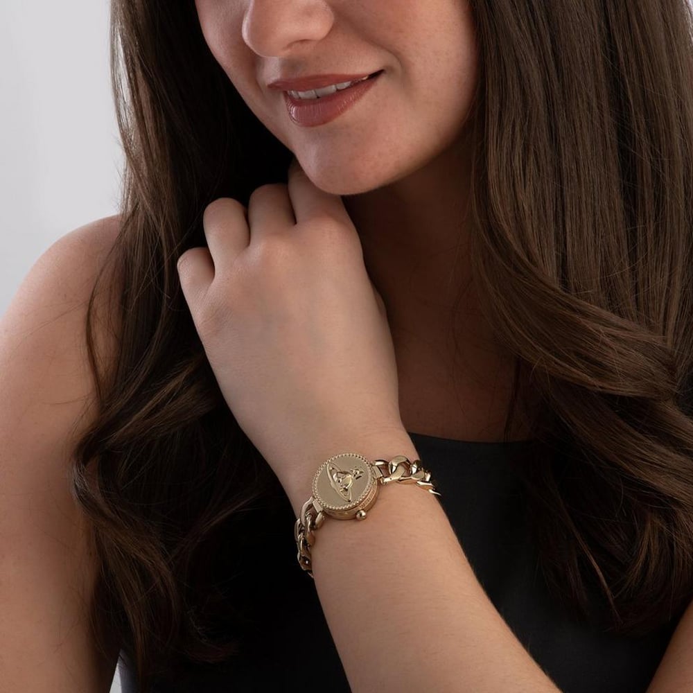 Vivienne Westwood Orb Button women's watch with a gold dial and gold stainless steel bracelet. Clasp and case back detail.
