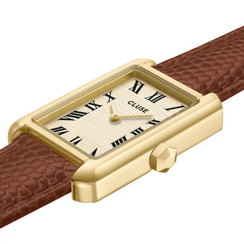 CLUSE Belisenna Leather Nutshell Band Sand Textured Gold Dial Women's Watch CW15008
