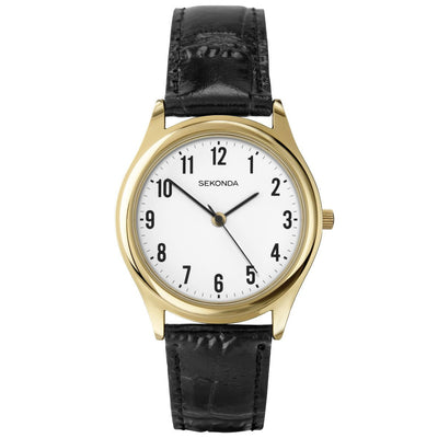 Gold-toned wristwatch with a white dial and black leather strap.