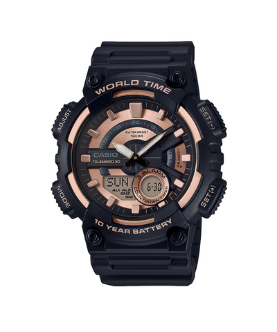 Rugged black and rose gold digital wristwatch with multiple displays and functions.