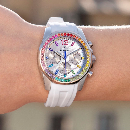 Elegant Festina Women's Rainbow Collection Watch with White Dial and Colorful Rubber Band - Model F20610/2