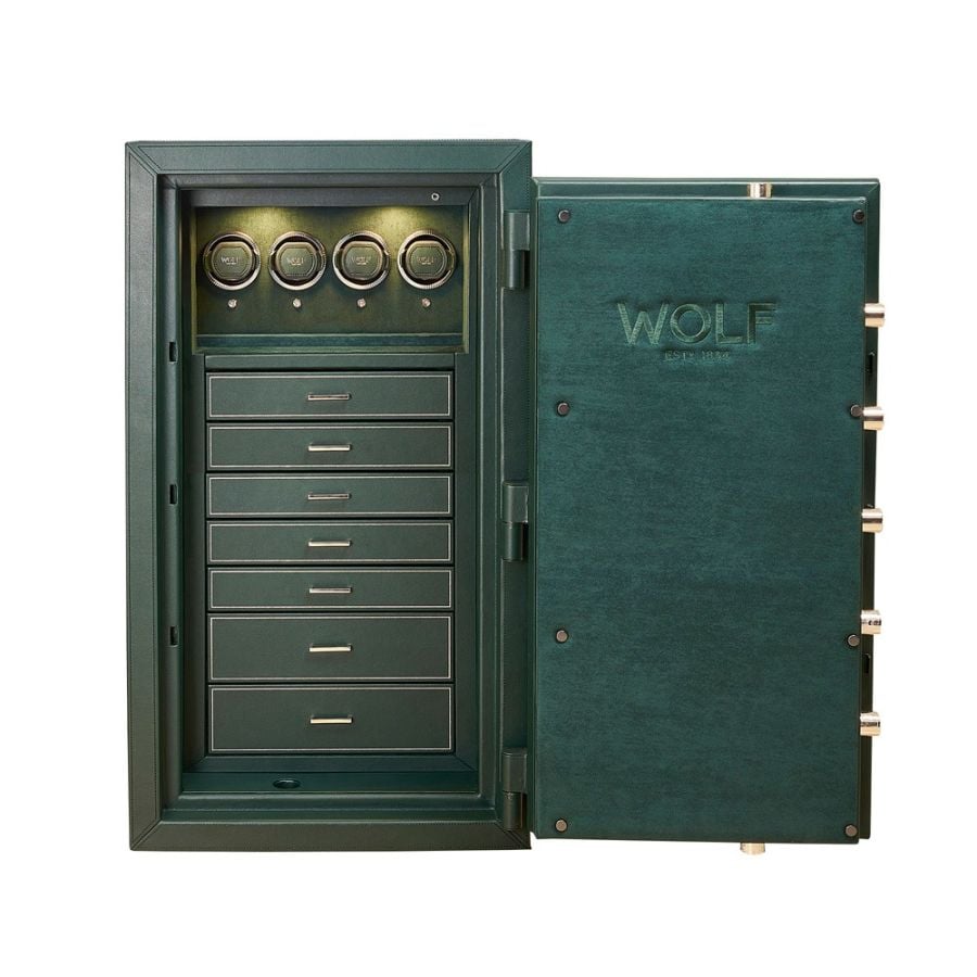 WOLF Athos 4 Piece Watch Winder and Jewellery Safe Green