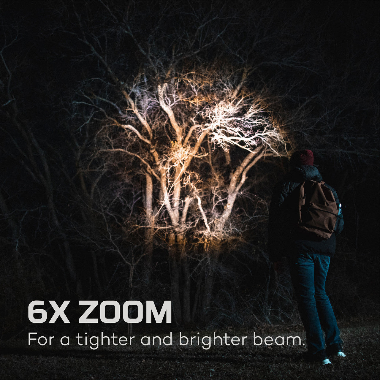 Person illuminating bare trees at night with a powerful flashlight or spotlight.