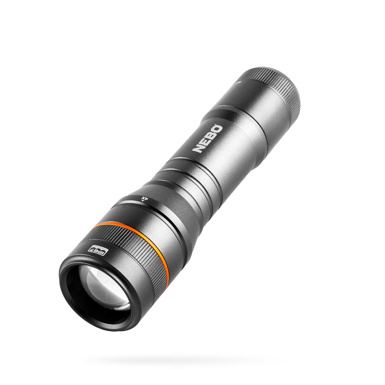 Metallic flashlight with adjustable focus and zoom capability.
