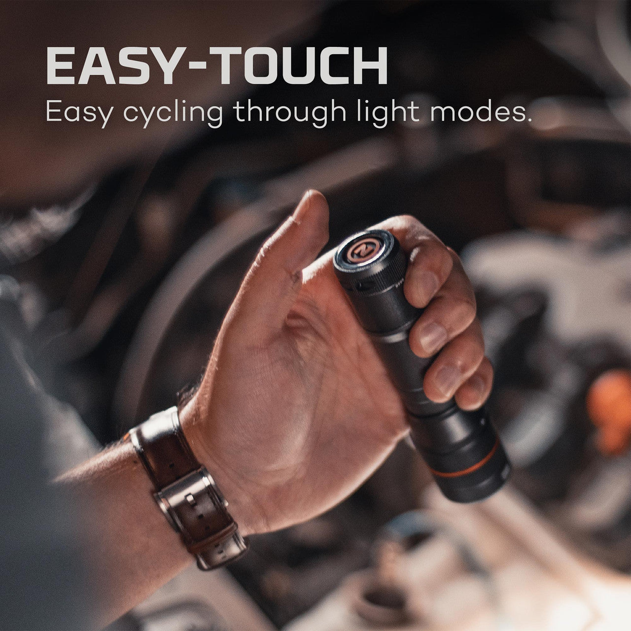 Handheld flashlight with an ’Easy-Touch’ feature for cycling through light modes.