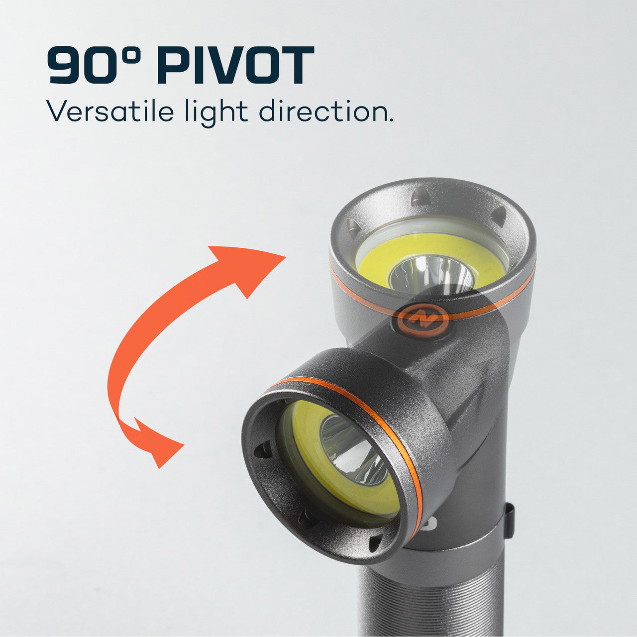 Adjustable flashlight or torch with a 90-degree pivoting head for versatile light direction.