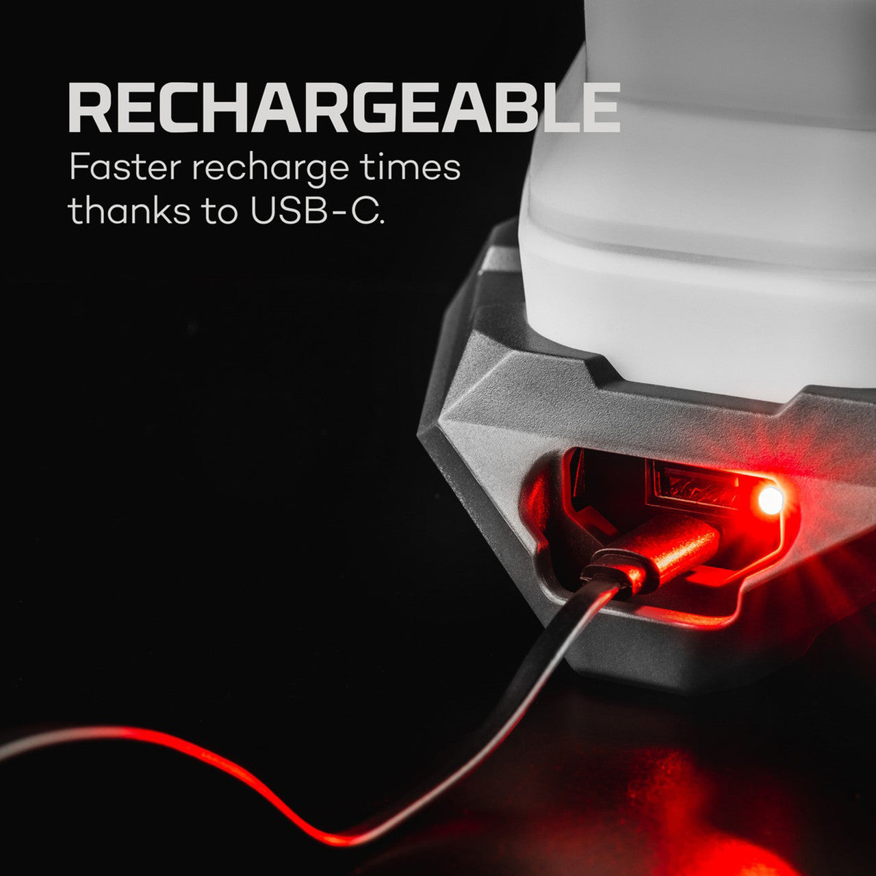 Rechargeable device with a glowing red USB-C port connected to a charging cable.