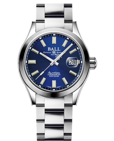 Stainless steel wristwatch with a blue dial and date window.