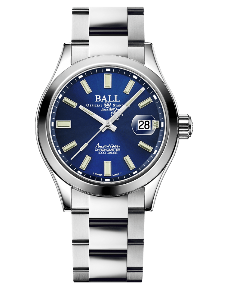 Stainless steel wristwatch with a blue dial and date window.