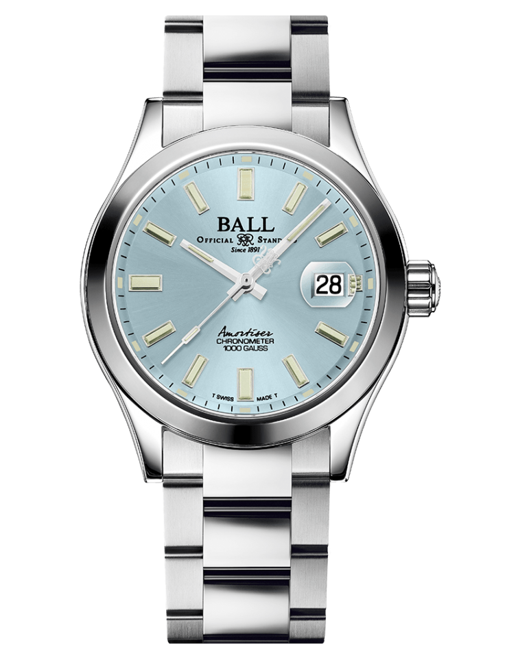 Stainless steel wristwatch with a light blue dial and date window, featuring the Ball brand name.