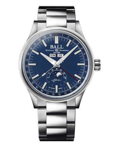 Stainless steel wristwatch with a blue dial and moon phase complication.