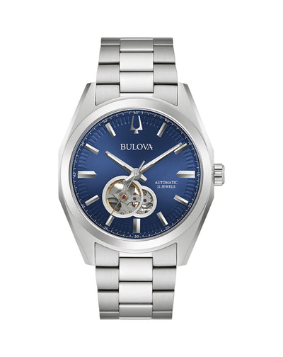 Stainless steel Bulova wristwatch with a blue dial and visible movement.