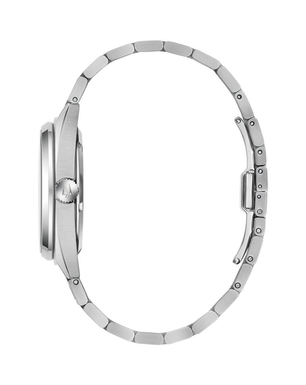 Stainless steel wristwatch with a minimalist round face and metal link bracelet.