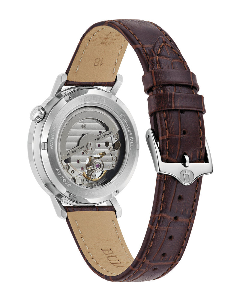 Bulova Classic Automatic Silver Tone Crown Watch with Gray Dial and Brown Leather Strap 96A318
