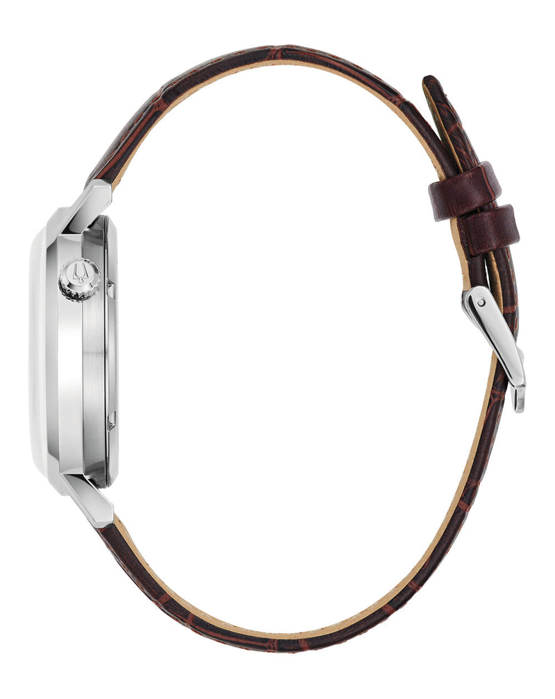 Bulova Classic Automatic Silver Tone Crown Watch with Gray Dial and Brown Leather Strap 96A318