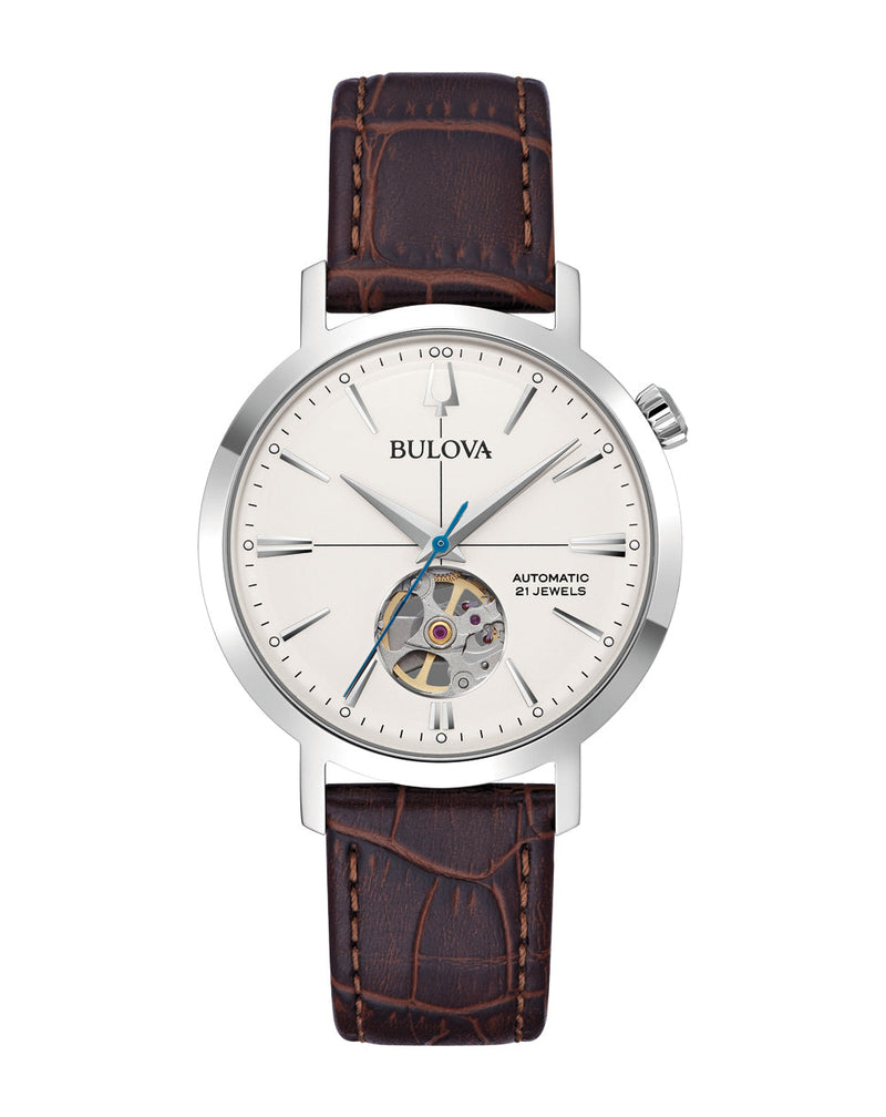 Bulova Classic Automatic Silver Tone Crown Watch with Gray Dial and Brown Leather Strap 96A318