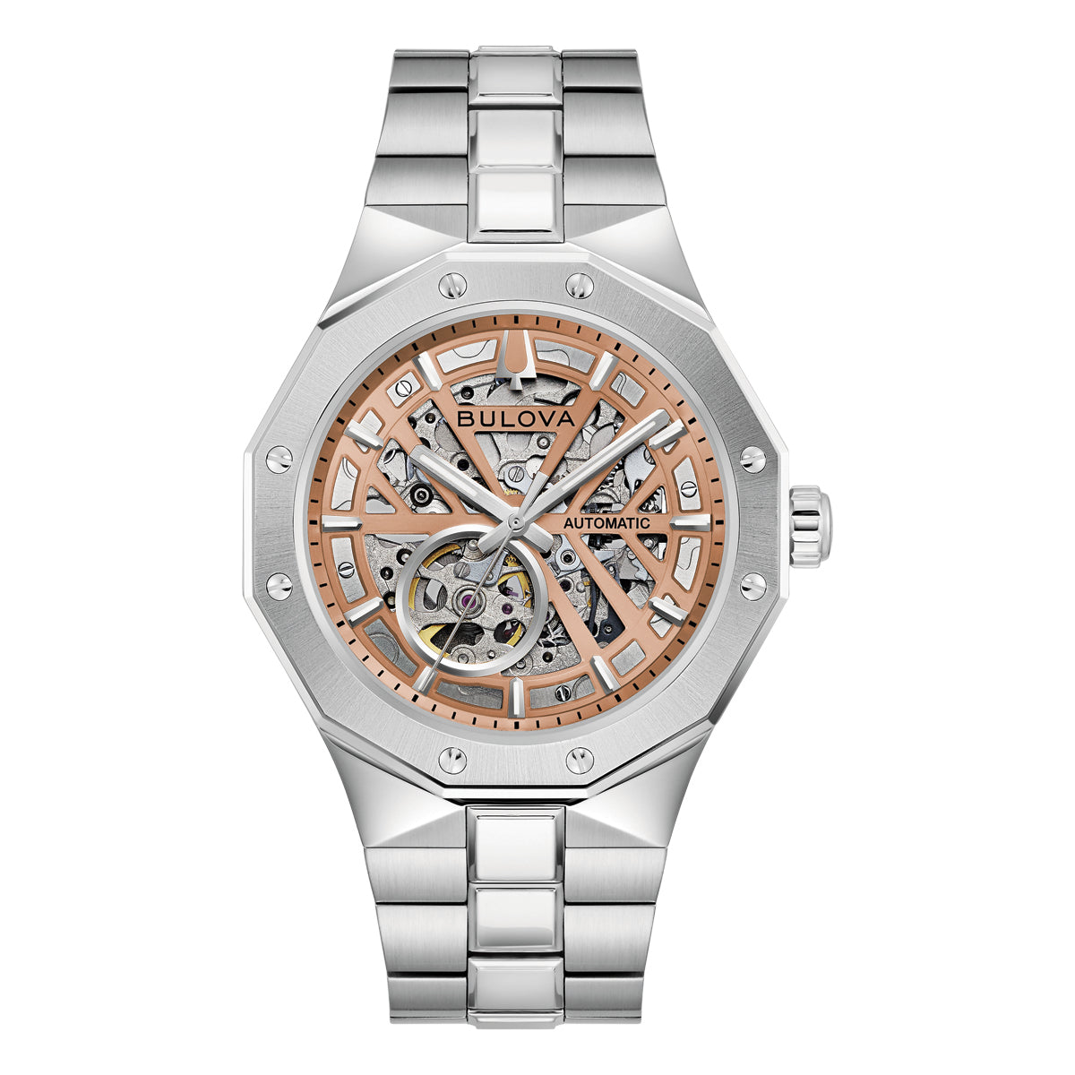 Bulova Prestige 96A351 men's automatic watch with an open rose gold-tone skeleton dial, faceted steel case and stainless steel bracelet