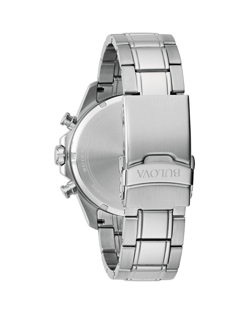 Stainless steel wristwatch with a metal bracelet band viewed from the side.