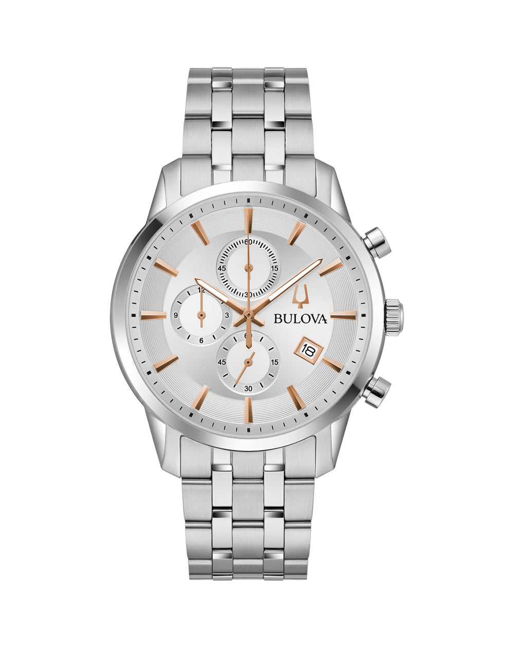 Silver-toned men’s chronograph wristwatch with a white dial and rose gold accents.