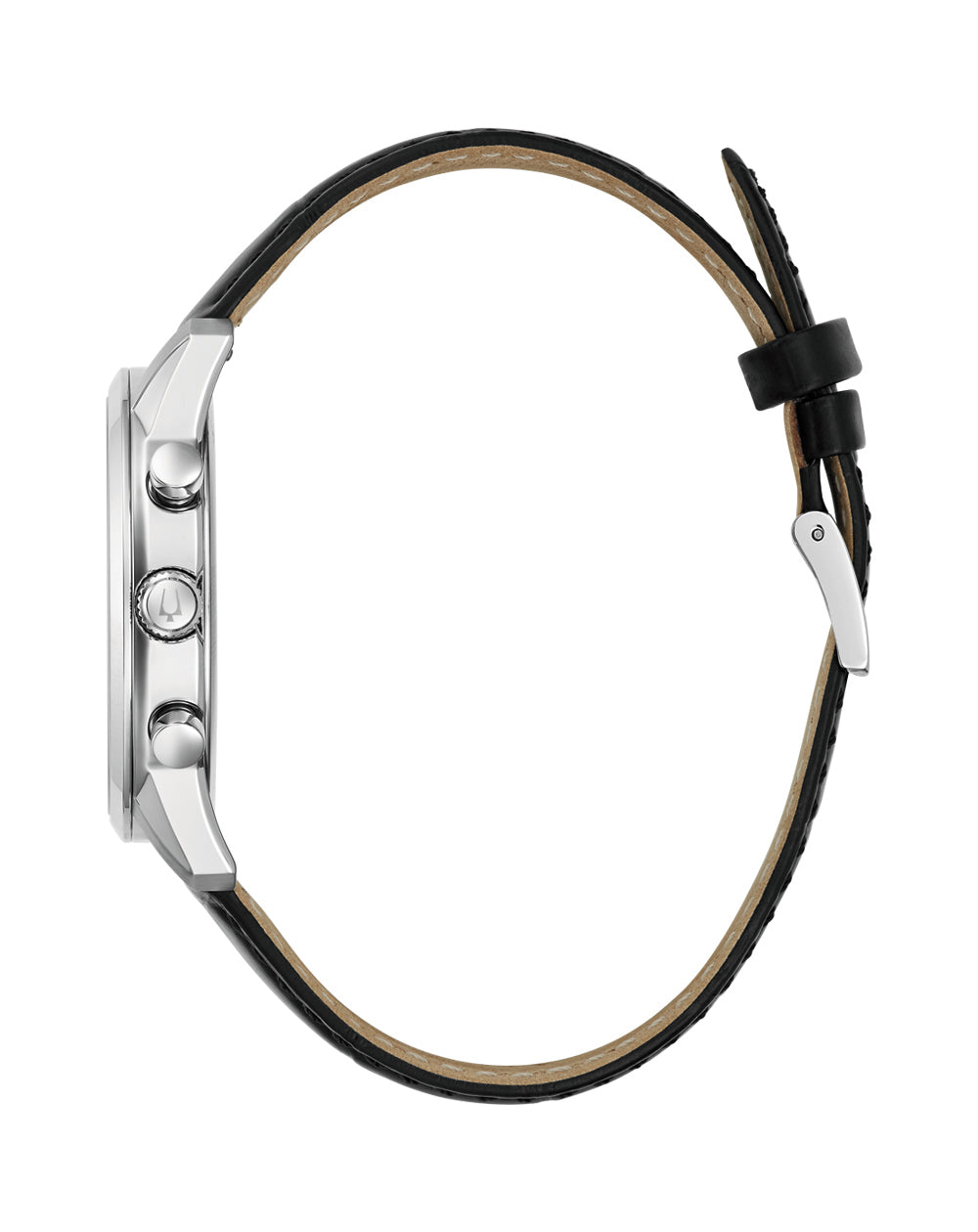 Wristwatch with a silver case and black leather strap.