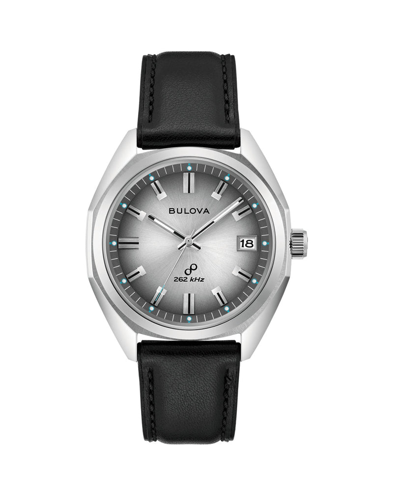 Bulova Classic Jet Star Black Leather Strap Grey Dial Watch 96B414
