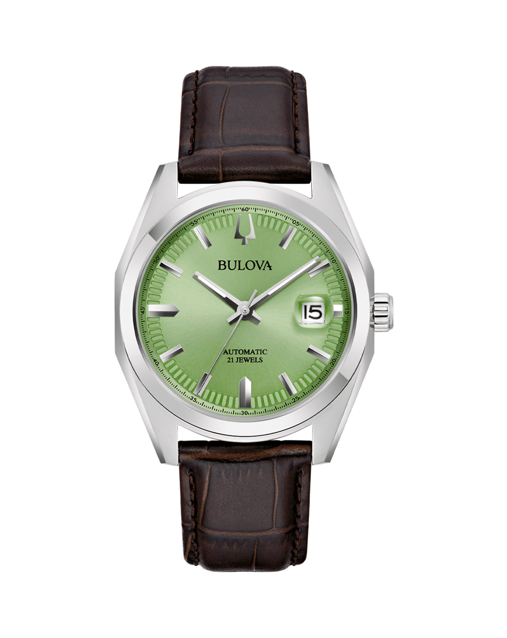 Bulova Surveyor Automatic Watch with Green Dial and Brown Leather Strap Model 96B427